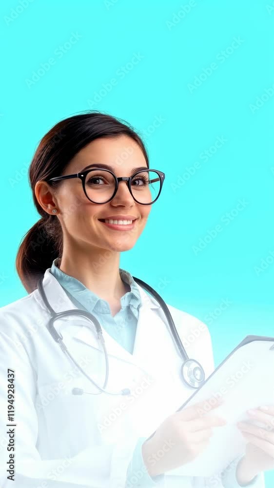 Confident Female Doctor with Glasses Holding Medical Chart Against a Bright Turquoise Background Confident Female Doctor with Glasses Holding Medical Chart Against a Bright Turquoise Background