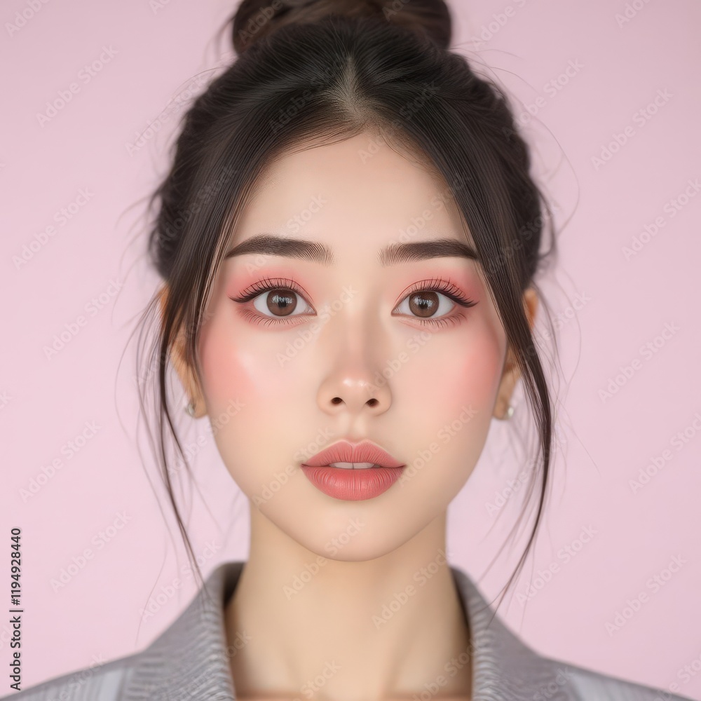 a close up of a woman with a pink makeup and a gray shirt a close up of a woman with a pink makeup and a gray shirt