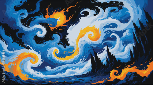 Fiery surreal landscape with swirling dark silhouettes.