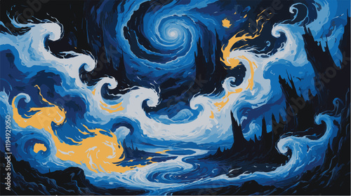Fiery surreal landscape with swirling dark silhouettes.