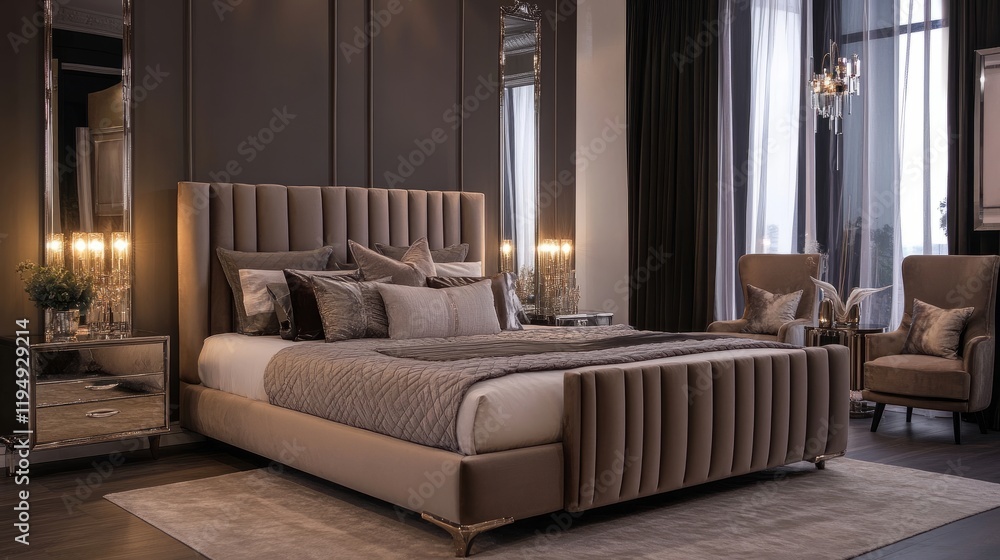 Fototapeta premium Velvet bed, mirrored side tables, and soft lighting in a glamorous bedroom, styled for a luxurious and hotel-like interior design concept