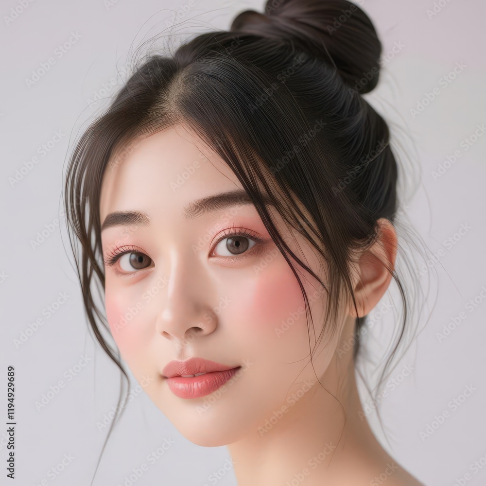 a close up of a woman with a bun on her head a close up of a woman with a bun on her head