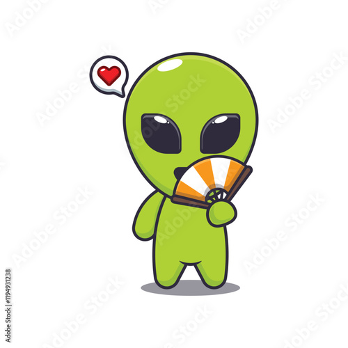 alien with hand fan. mascot cartoon character vector illustration.