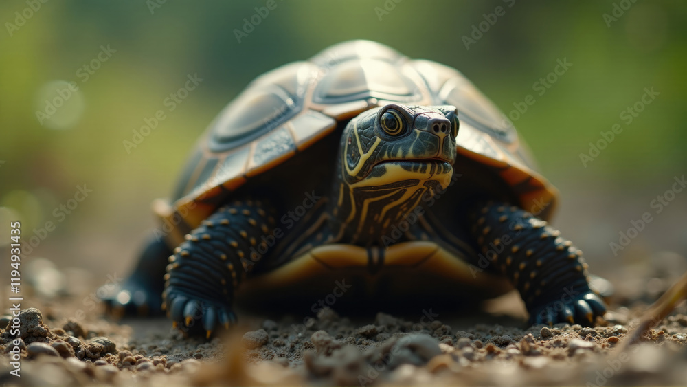 Turtle moving across a sandy path in a lush natural environment during daylight hours Turtle moving across a sandy path in a lush natural environment during daylight hours