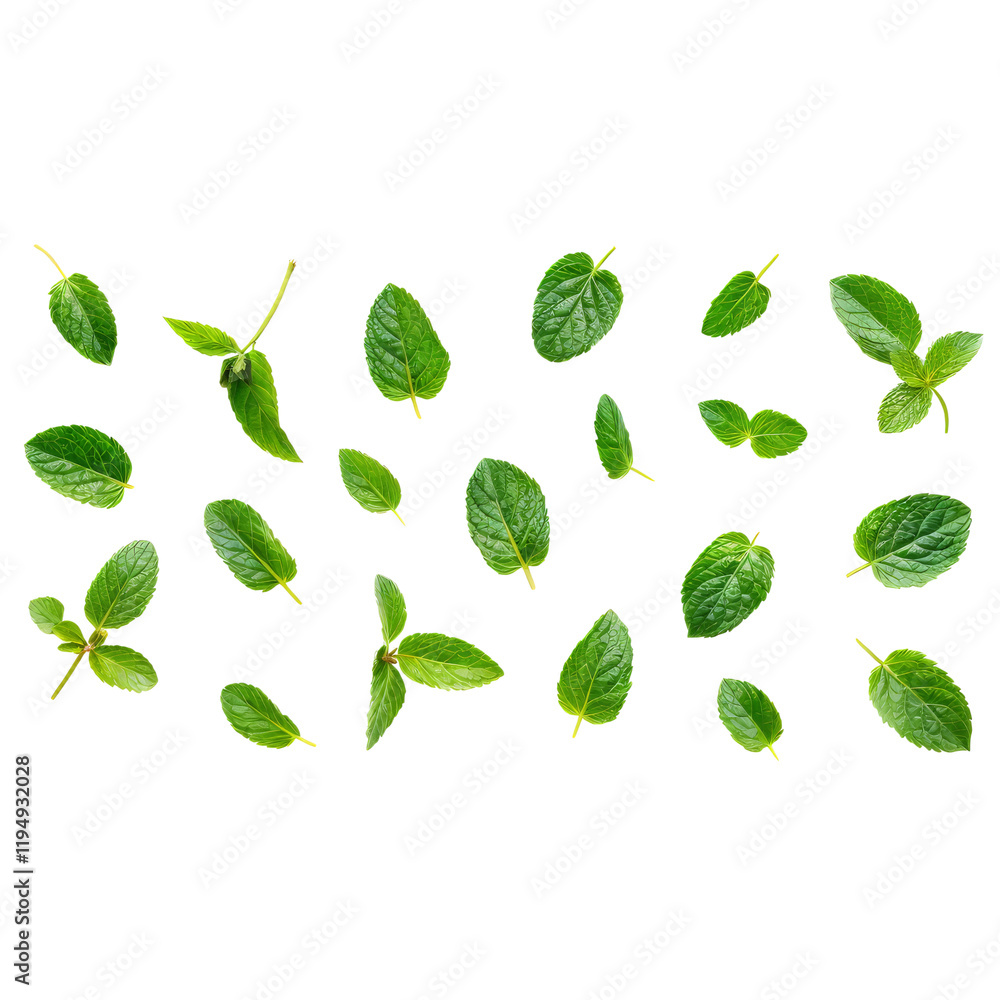 Fresh Mint Sprigs Scattered: A vibrant collection of fresh mint sprigs, scattered playfully across the frame, showcasing their bright green hues and delicate textures. Perfect for culinary, cosmetic. Fresh Mint Sprigs Scattered: A vibrant collection of fresh mint sprigs, scattered playfully across the frame, showcasing their bright green hues and delicate textures. Perfect for culinary, cosmetic.