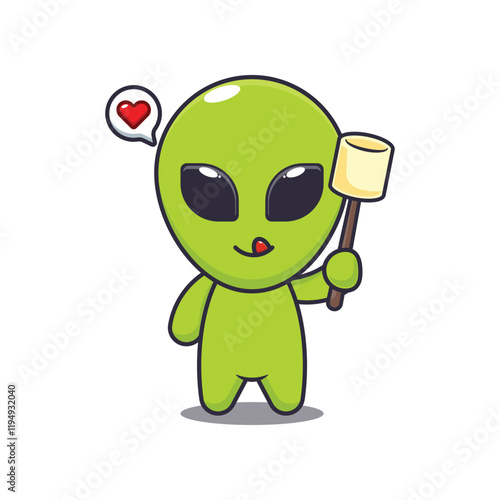 alien eating marshmallow. mascot cartoon character vector illustration.