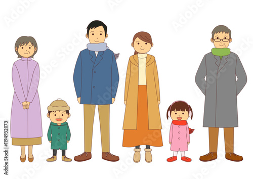 正面を向いた冬服の家族のイラストのセット_主線あり
