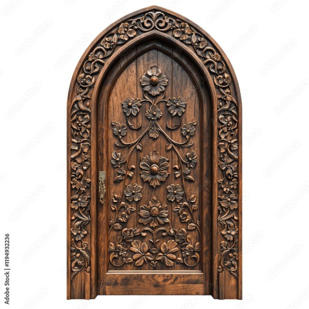 Ornate Wooden Door with Floral Carvings Isolated on transparent background Ornate Wooden Door with Floral Carvings Isolated on transparent background