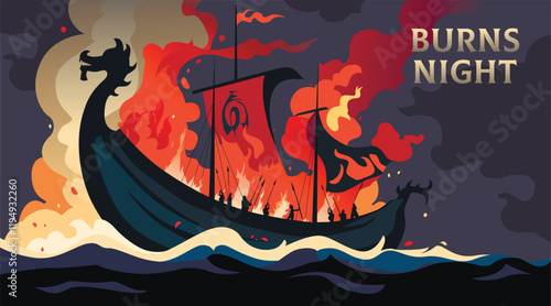Burning Viking ship Drakkar engulfed in flames during Up Helly Aa ceremony. Up Helly Aa fire festival banner