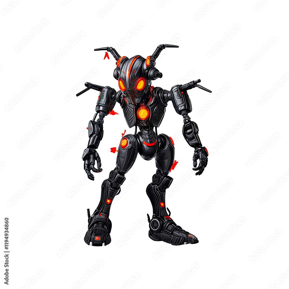 Dark Robot Action Figure: A sleek, black robot action figure with glowing orange accents stands poised for action, showcasing intricate detailing and a futuristic design.  