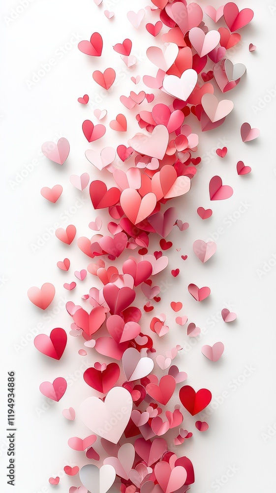 A vibrant cascade of pink and red paper hearts, scattered artistically against a white background, evoking a sense of love and celebration. A vibrant cascade of pink and red paper hearts, scattered artistically against a white background, evoking a sense of love and celebration.