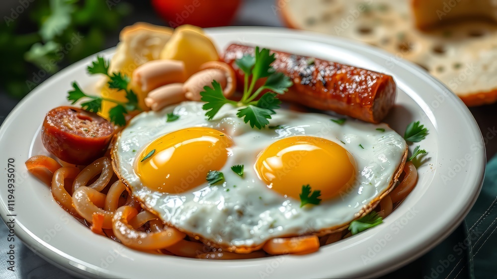 Fried Eggs with Sausage, Onion & Parsley - Delicious Breakfast Dish - High-Quality Food Photography Fried Eggs with Sausage, Onion & Parsley - Delicious Breakfast Dish - High-Quality Food Photography