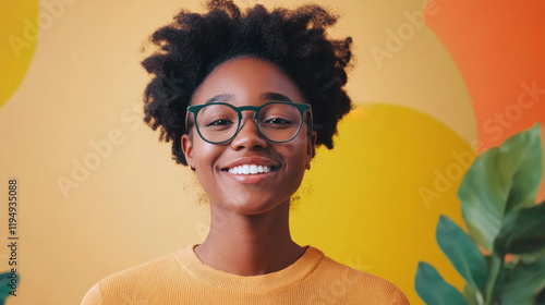 Young woman with curly hair smiles brightly in a colorful indoor setting while using a screen reader for participation photo