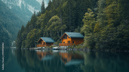 Fototapeta Naklejka Na Ścianę i Meble -  Fishing cabins provide a peaceful retreat by the tranquil lake surrounded by lush forests and majestic mountains