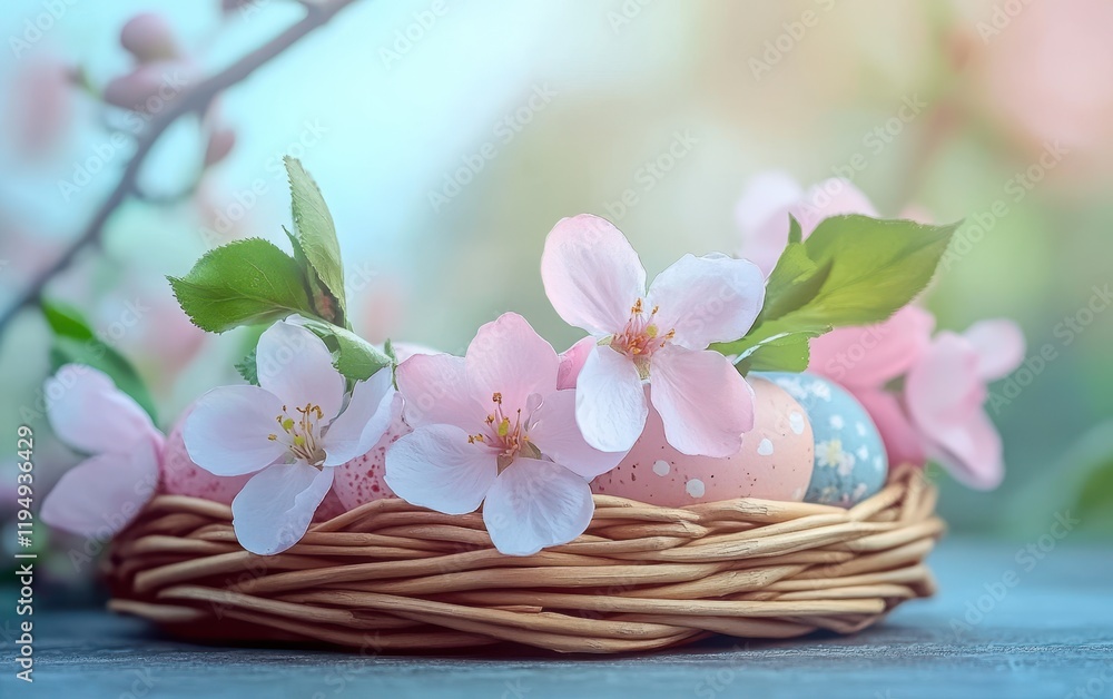 A beautifully arranged basket filled with colorful eggs and vibrant flowers, symbolizing the joy and renewal of the Easter season. A beautifully arranged basket filled with colorful eggs and vibrant flowers, symbolizing the joy and renewal of the Easter season.