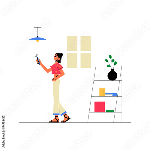 Woman Operating Smart Light In Flat Vector Illustration Symbolizing Smart Light Switching, Energy Efficiency, And Home Automation, Isolated On White Background