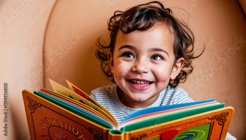 Cute child holds paper book in hands. Happy little boy reading fairy tale, story. Funny kid learning literature. Preschool education