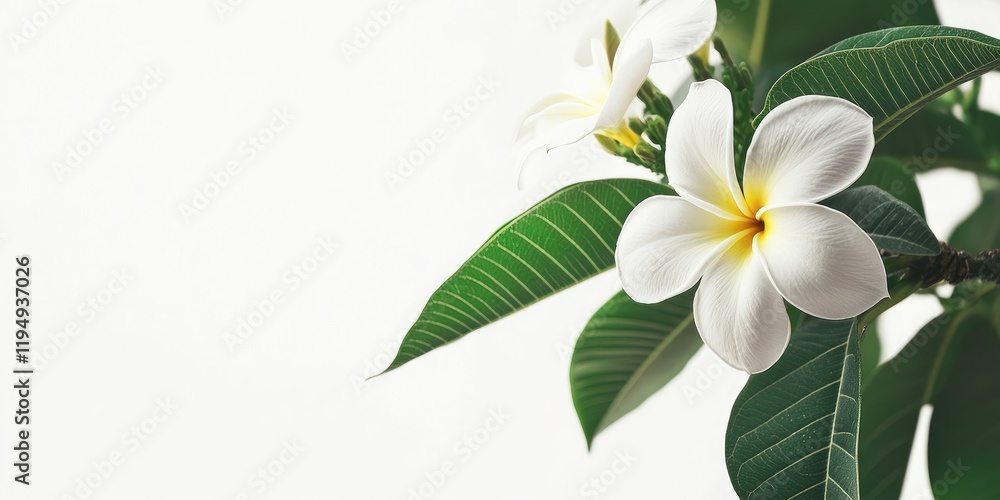 White Plumeria flower with yellow center positioned on green leaves, back view against a soft white backdrop creating a serene and elegant atmosphere. White Plumeria flower with yellow center positioned on green leaves, back view against a soft white backdrop creating a serene and elegant atmosphere.