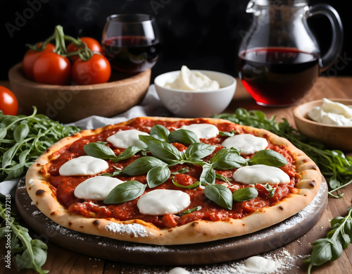 Freshly Baked Artisan Pizza with Pepperoni and Arugula photo