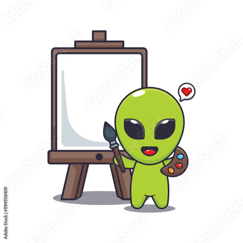 alien wants to paint on canvas. mascot cartoon character vector illustration.