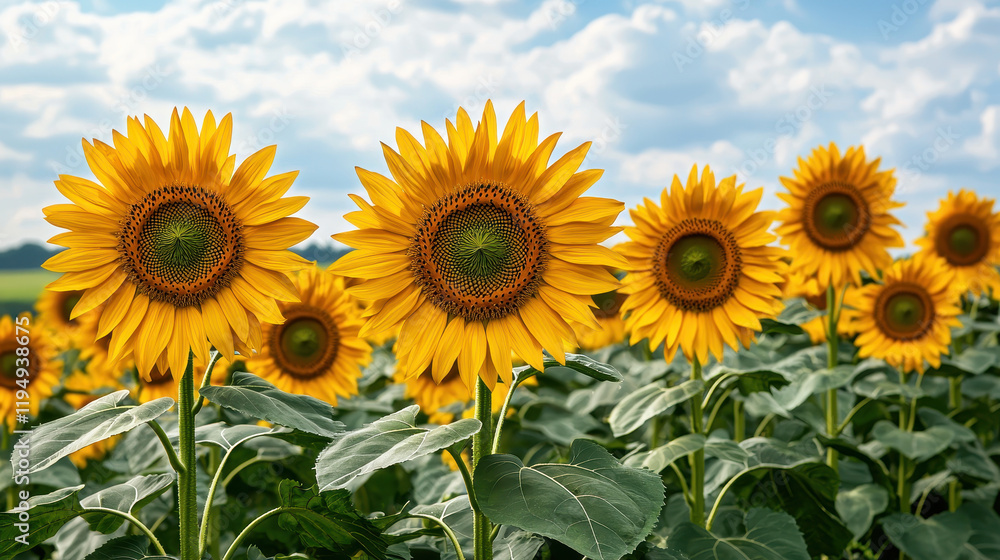 Fototapeta premium Vibrant sunflowers blooming under bright blue sky, creating cheerful scene