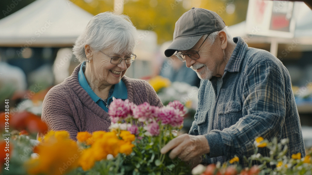 Couple joyfully selecting fresh flowers and fruits at a vibrant farmers market during a sunny autumn afternoon Couple joyfully selecting fresh flowers and fruits at a vibrant farmers market during a sunny autumn afternoon