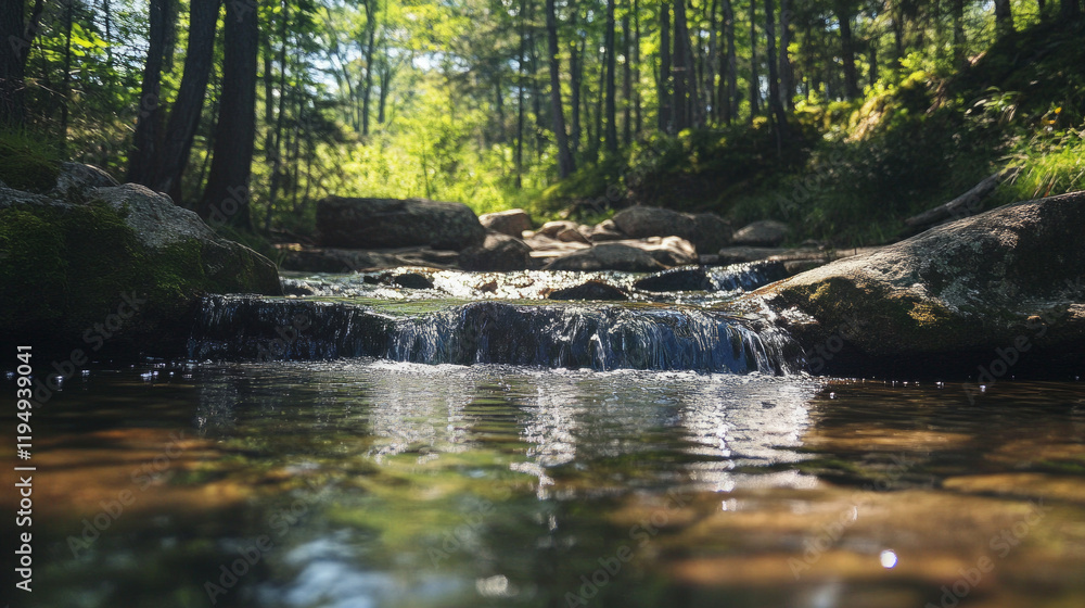 Water gently cascades over rocks in a serene forest stream during a sunny afternoon Water gently cascades over rocks in a serene forest stream during a sunny afternoon