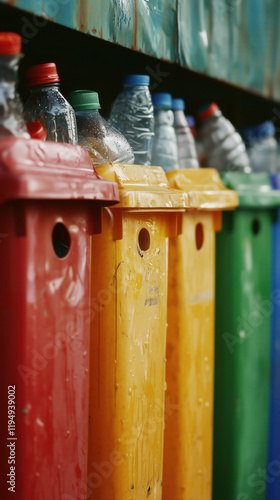 Colorful recycling bins with plastic bottles and cans, promoting eco friendliness and sustainability photo