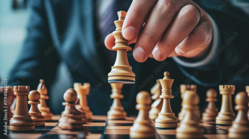 Chess match in progress featuring a strategic move by a player in formal attire during an intense competition Chess match in progress featuring a strategic move by a player in formal attire during an intense competition