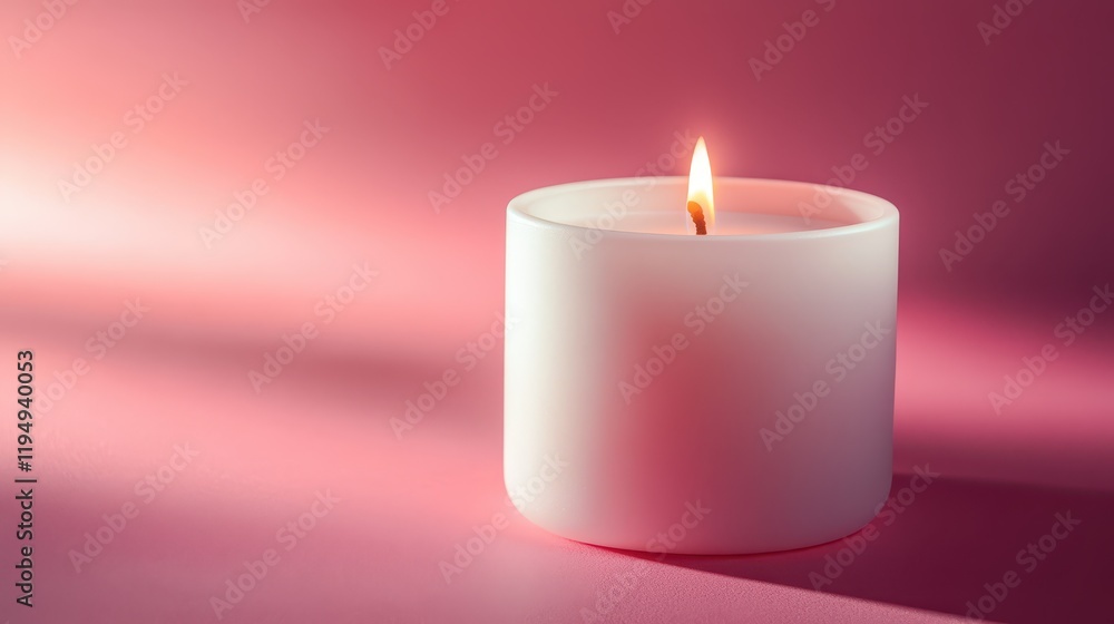 Smooth white candle illuminated on a pastel pink background creating a serene and calming atmosphere for relaxation and mindfulness Smooth white candle illuminated on a pastel pink background creating a serene and calming atmosphere for relaxation and mindfulness