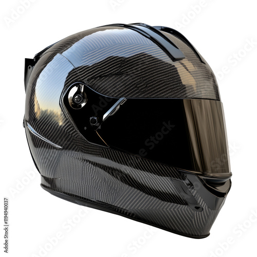 A stylish black carbon fiber full-face motorcycle racing helmet is shown in a three-quarter view. photo