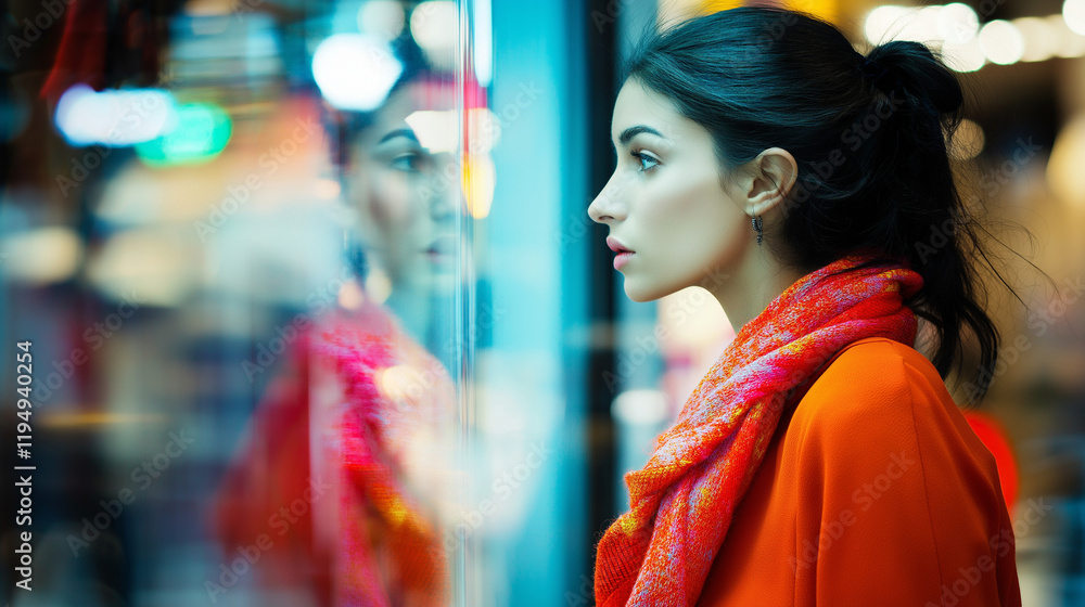 Woman in red coat window shopping in evening city. Illustrates urban lifestyle and fashion retail. Woman in red coat window shopping in evening city. Illustrates urban lifestyle and fashion retail.