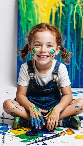 Happy little girl covered in paint surrounded by brushes and a vibrant abstract painting in background. Happiness or creative, playing or art fun and cheerful or excited young child with painting