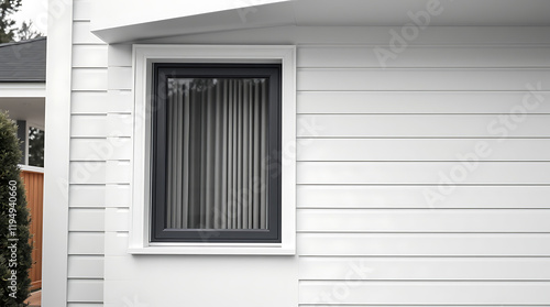 Modern House Exterior  White Siding and Dark Window Frame Design. Contemporary Home Architecture. Clean and Minimalist Style
