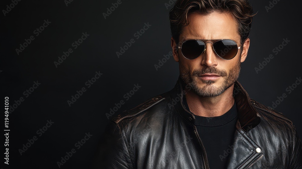 Stylish man wearing a leather jacket and aviator sunglasses poses confidently against a dark background, exuding a sense of cool elegance and charisma Stylish man wearing a leather jacket and aviator sunglasses poses confidently against a dark background, exuding a sense of cool elegance and charisma