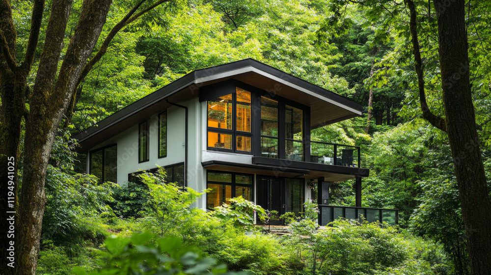 Modern house surrounded by lush greenery and towering trees in a serene forest setting Modern house surrounded by lush greenery and towering trees in a serene forest setting