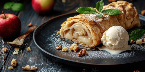 Delicious apple strudel with ice cream on a black plate surrounded by walnuts and fresh apples on a dark wooden background with space for text