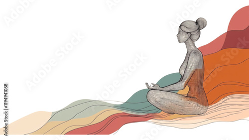 Simple and artistic line illustration of a meditating woman in a serene pose, emphasizing mindfulness and tranquility for yoga and self-care themes