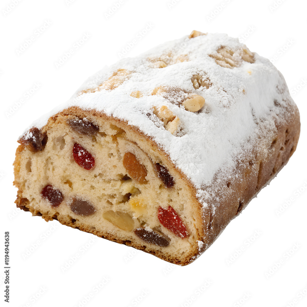 A single slice of stollen bread with powdered sugar coating, showcasing its fruit-and-nut filling., isolated on a transparent background A single slice of stollen bread with powdered sugar coating, showcasing its fruit-and-nut filling., isolated on a transparent background