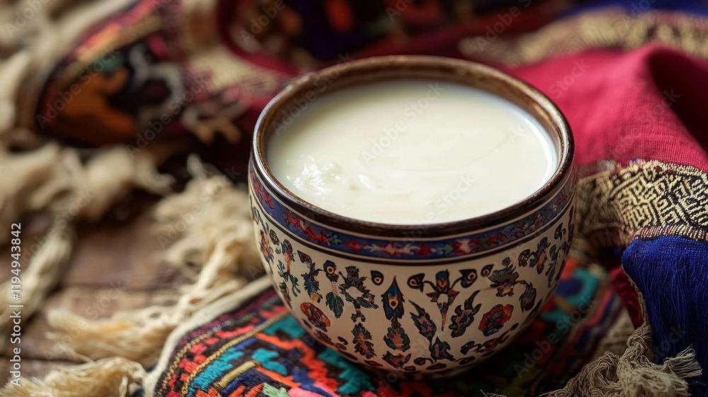 Refreshing Kazakh ayran, a yogurt-based drink, is beautifully presented in a handcrafted bowl on an intricately patterned textile. This moment captures a cultural essence Refreshing Kazakh ayran, a yogurt-based drink, is beautifully presented in a handcrafted bowl on an intricately patterned textile. This moment captures a cultural essence