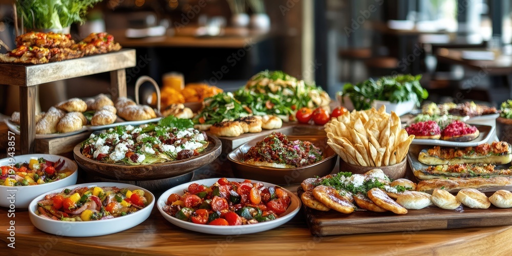 A vibrant restaurant table showcases an array of colorful dishes and snacks with greens reds and browns featuring tempting culinary delights. A vibrant restaurant table showcases an array of colorful dishes and snacks with greens reds and browns featuring tempting culinary delights.