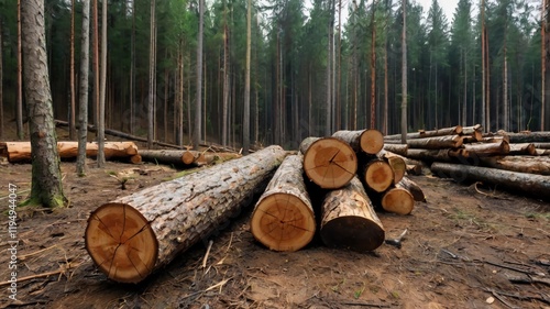 Deforestation forest and Illegal logging. Cutting trees. ​Stacks of cut wood. Wood logs, timber logging, industrial destruction. Forests illegal disappearing. Environmetal and ecological issues photo