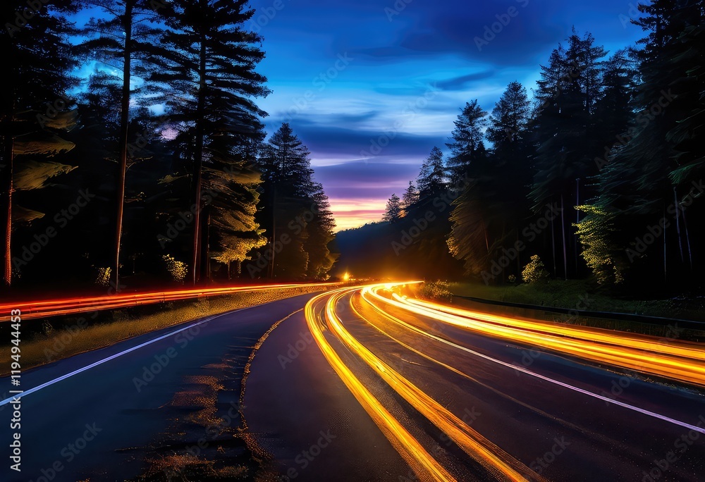 There is a winding road that passes through a dense forest at night There is a winding road that passes through a dense forest at night