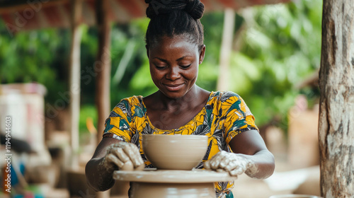 Woman expertly creating pottery on a wheel in a serene outdoor studio setting photo