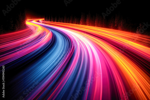 Long Exposure of Traffic Lights on Curved Mountain Road at Night