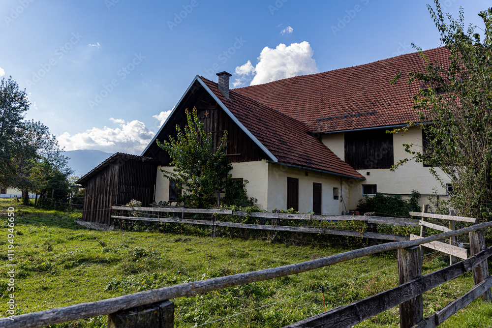 Austrian village traditional house with barn and old wooden fence with lilac flowers on the background of the Alps, summer evening Austrian village traditional house with barn and old wooden fence with lilac flowers on the background of the Alps, summer evening