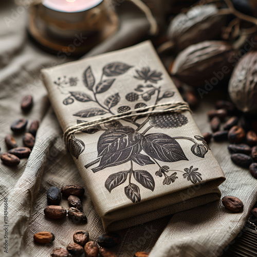 Ssustainable chocolate bar wrapped in eco-friendly packaging with detailed botanical illustrations, tied with rustic twine, and surrounded by cacao beans on a natural fabric background. artisanal food photo