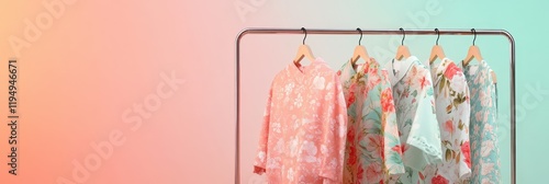 Showcasing lightweight floral fabrics for spring and summer fashion collections displayed on a clothing rack in a soft-hued environment photo