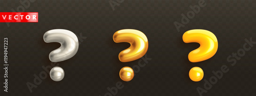 Glossy 3d question mark icons in realistic style. Gold, silver and yellow question sign on black background. Symbol for faq, solution problem, support, help. Vector illustration