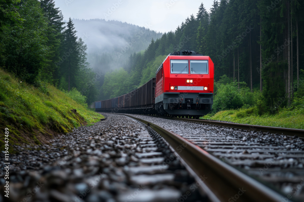 Naklejka premium Red train travels through misty forest along winding tracks in early morning light